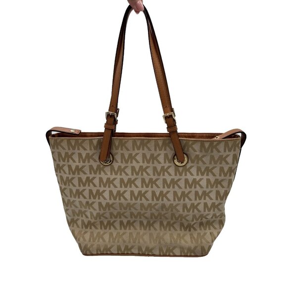 MICHAEL KORS JET SET hand bag Purse MK signature Jacquard cream gold - Picture 1 of 16